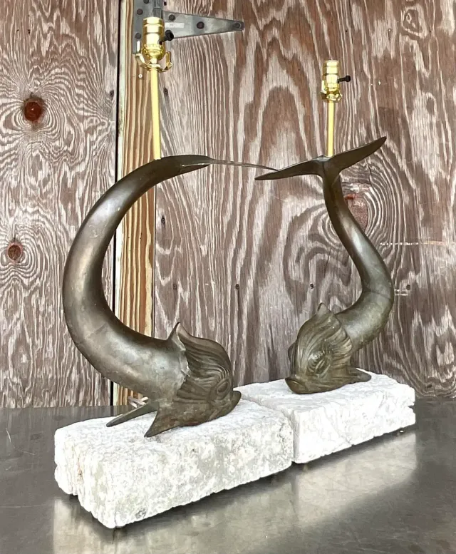 Vintage Coastal Bronze Koi Fish on Coquina Slab Lamps - a Pair — additional photo 4