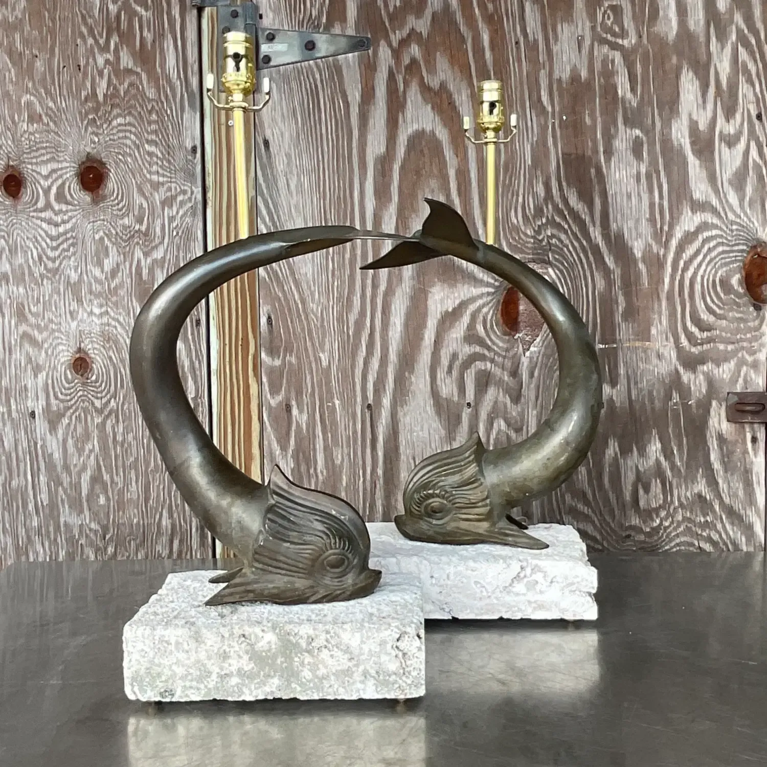 Vintage Coastal Bronze Koi Fish on Coquina Slab Lamps - a Pair — additional photo 5