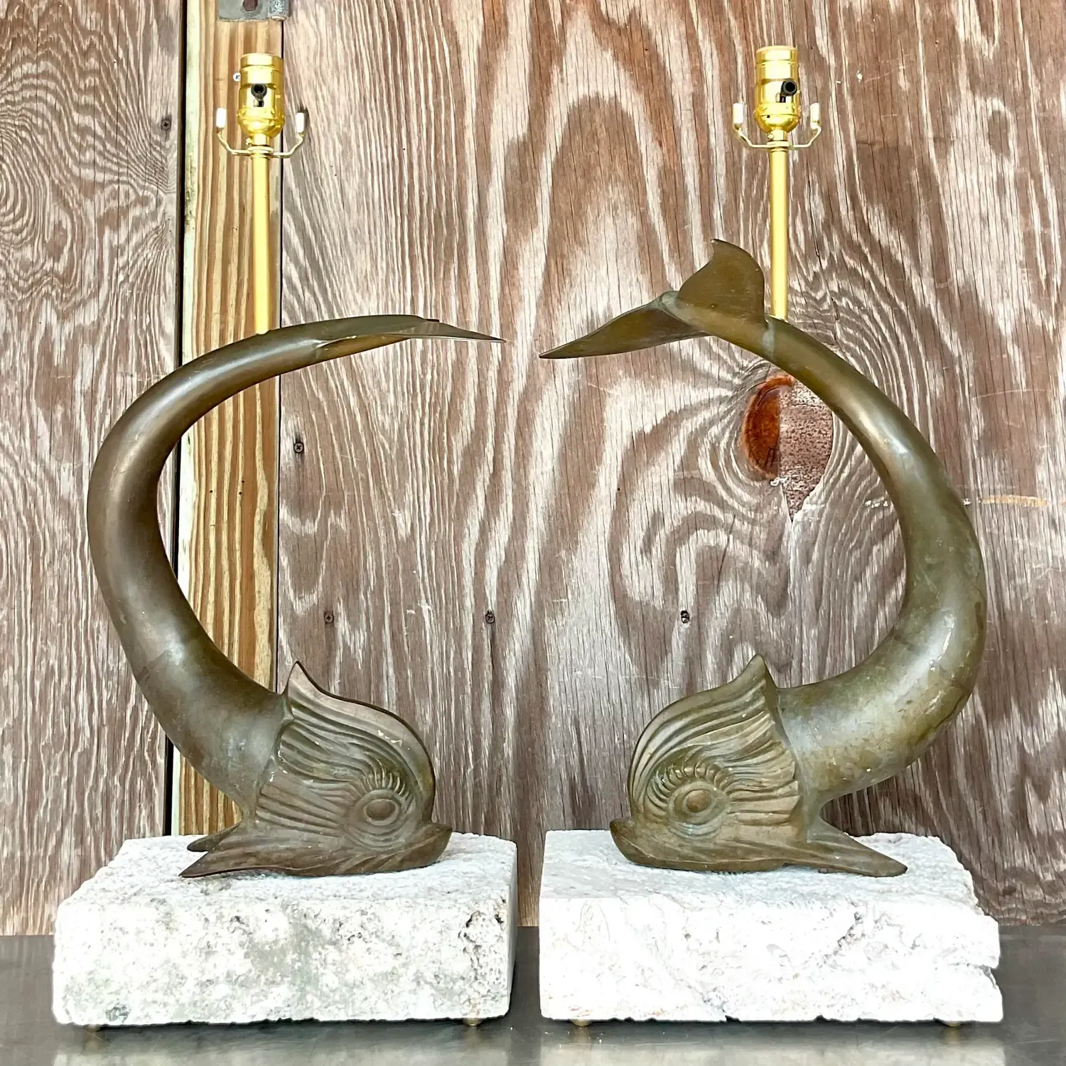 Vintage Coastal Bronze Koi Fish on Coquina Slab Lamps - a Pair — additional photo 6