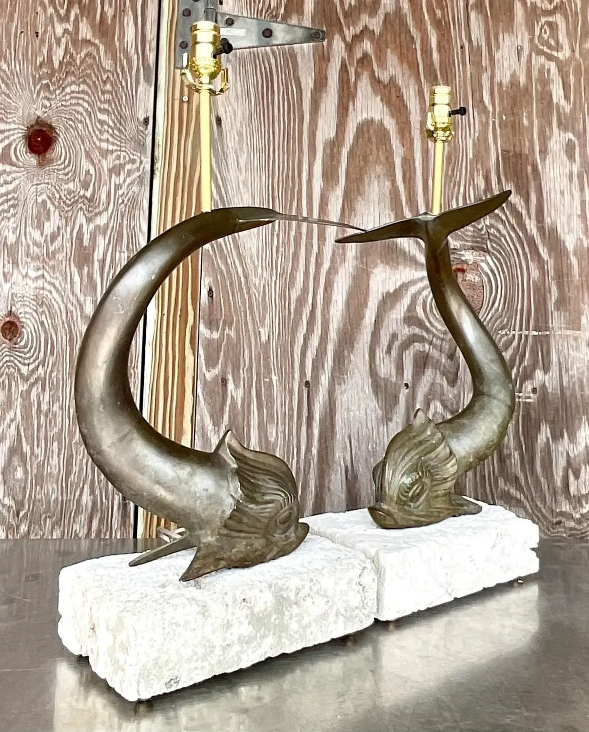 Vintage Coastal Bronze Koi Fish on Coquina Slab Lamps - a Pair — additional photo 7