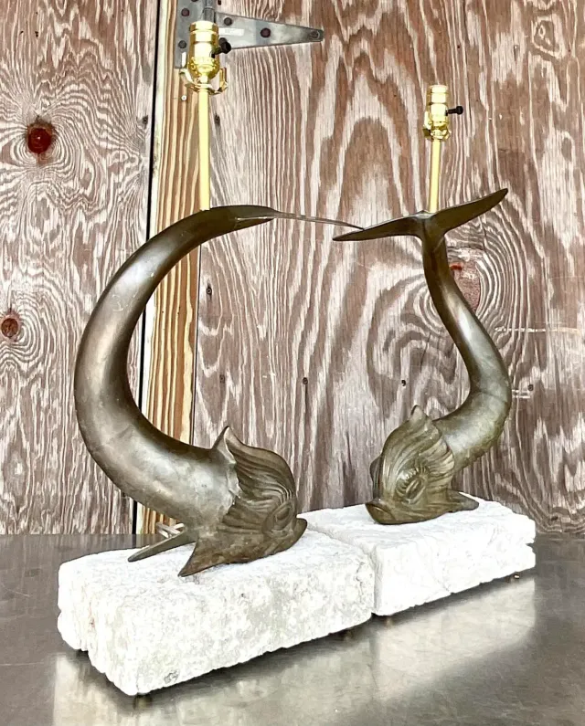 Vintage Coastal Bronze Koi Fish on Coquina Slab Lamps - a Pair — additional photo 7