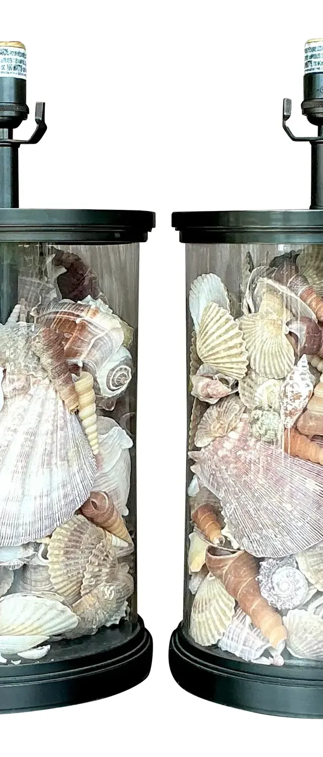 Vintage Coastal Bronze Shell Collector Lamps - a Pair