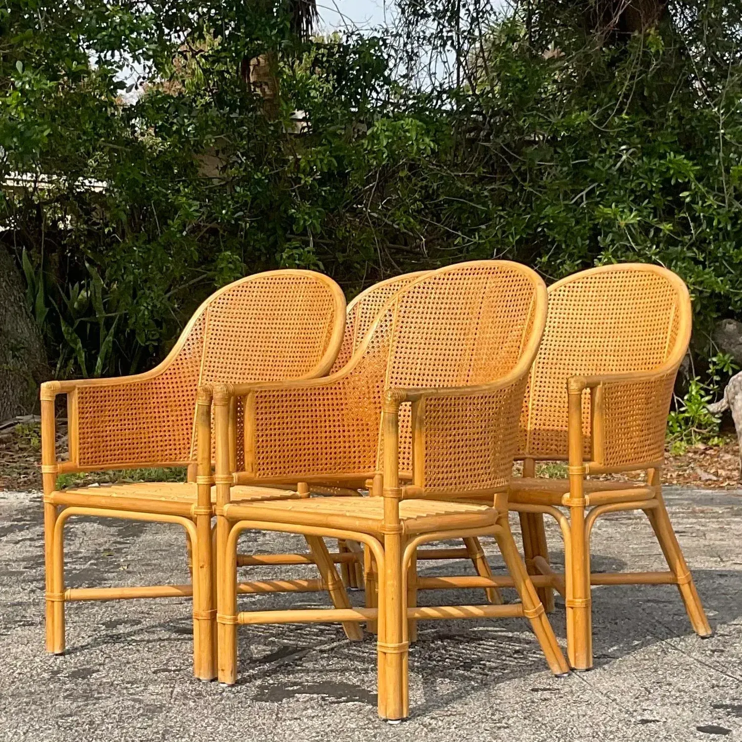 Vintage Coastal Cane Rattan Dining Chairs After McGuire - Set of 4