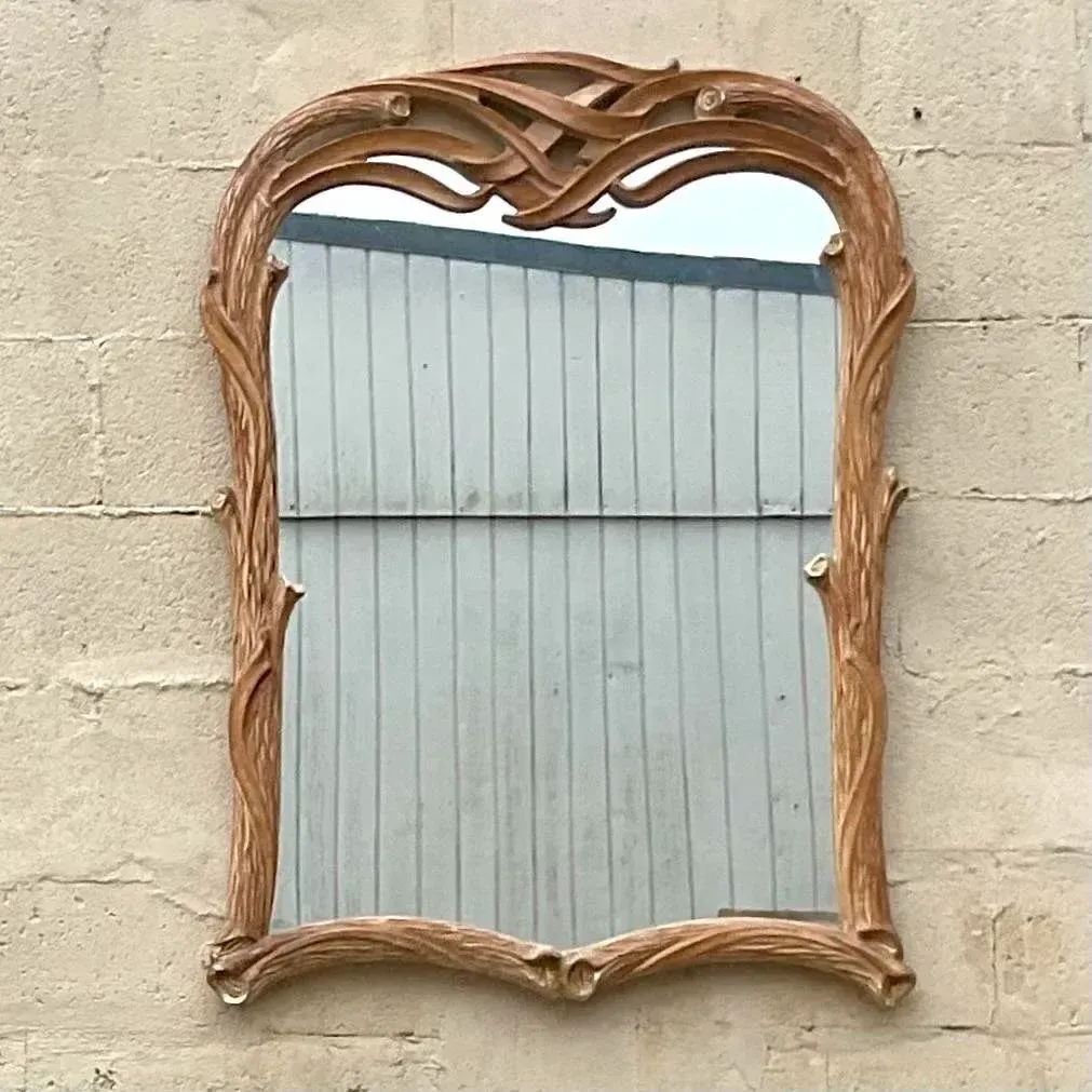 Vintage Coastal Carved Faux Bois Wood Mirror — additional photo 2