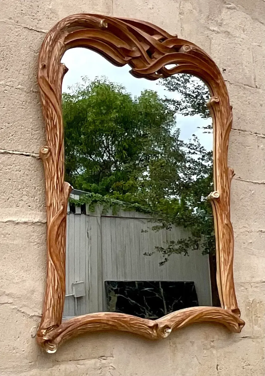 Vintage Coastal Carved Faux Bois Wood Mirror — additional photo 4