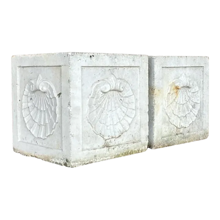Vintage Coastal Cast Concrete Clam Shell Planters - a Pair