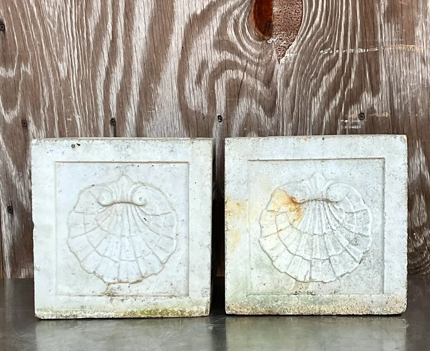 Vintage Coastal Cast Concrete Clam Shell Planters - a Pair — additional photo 1