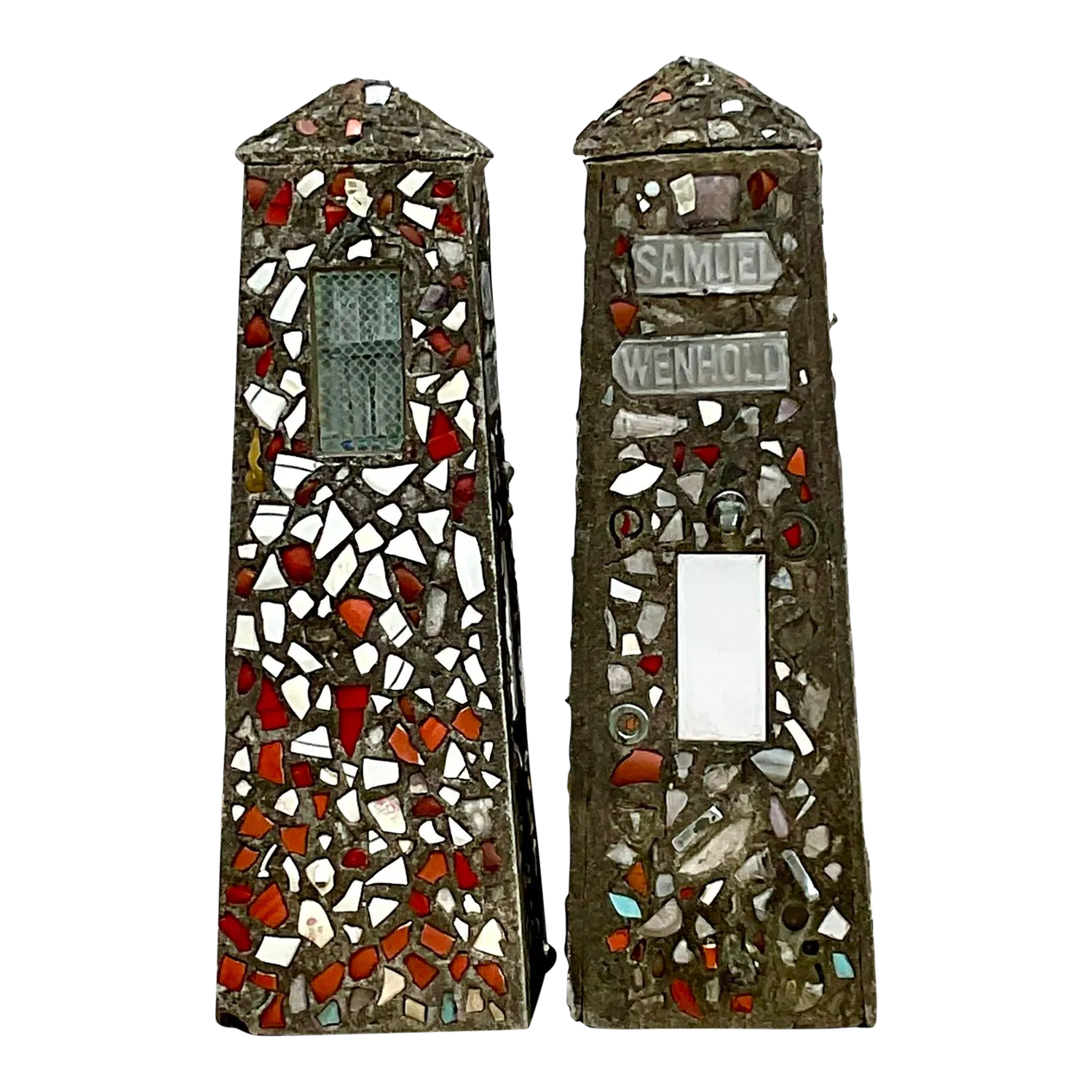 Vintage Coastal Cement Mosaic Garden Obelisks - a Pair — additional photo 2