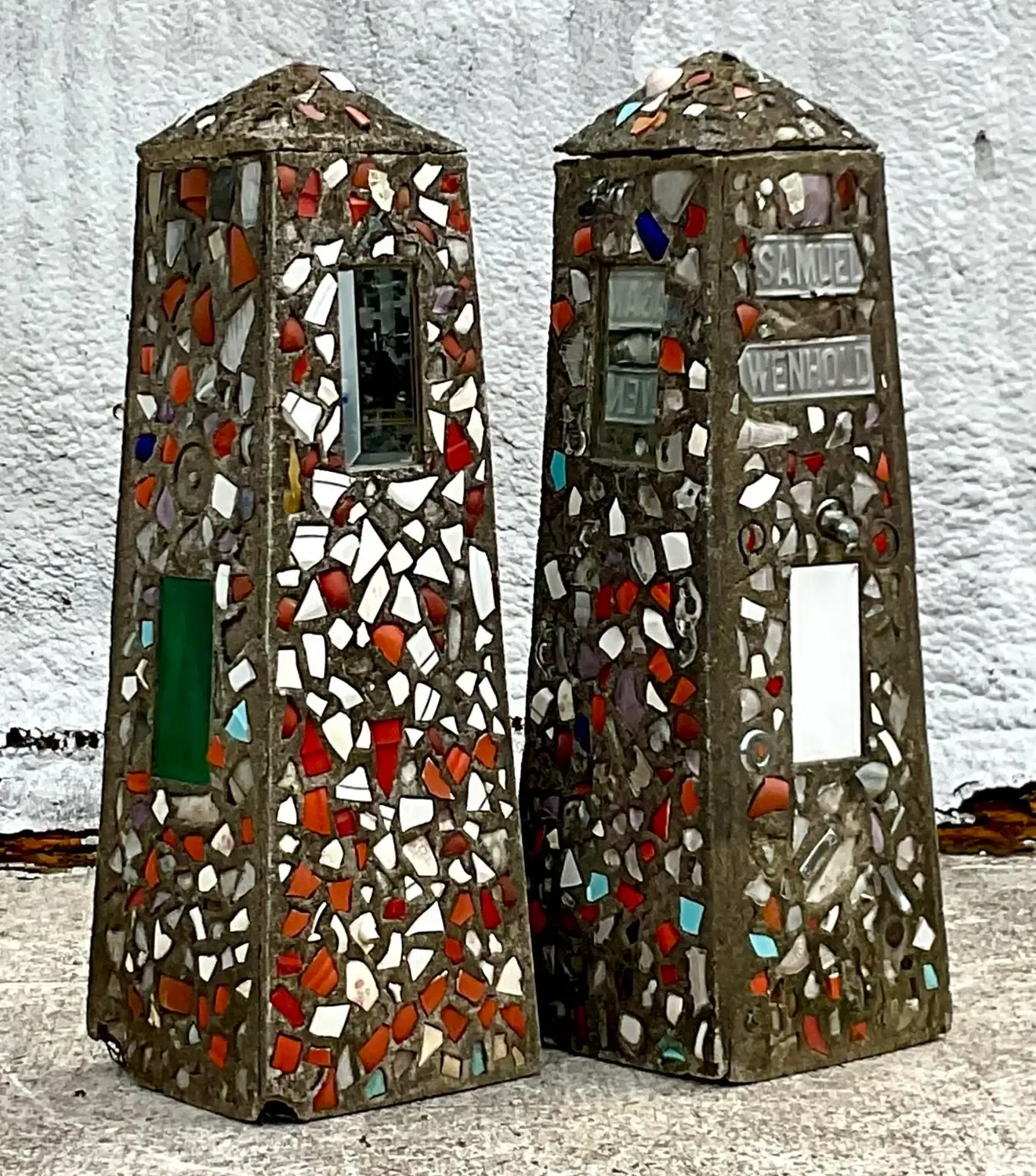 Vintage Coastal Cement Mosaic Garden Obelisks - a Pair — additional photo 3