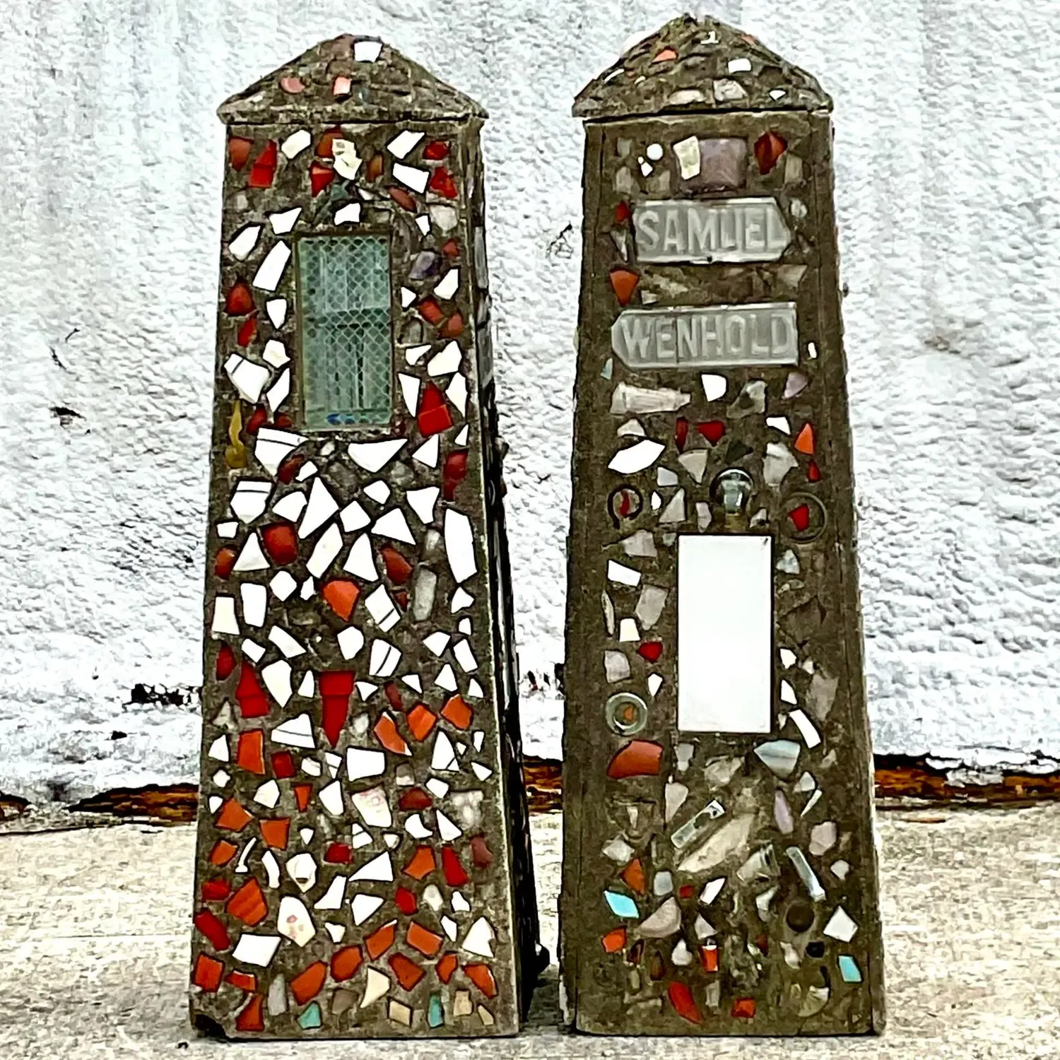 Vintage Coastal Cement Mosaic Garden Obelisks - a Pair — additional photo 4