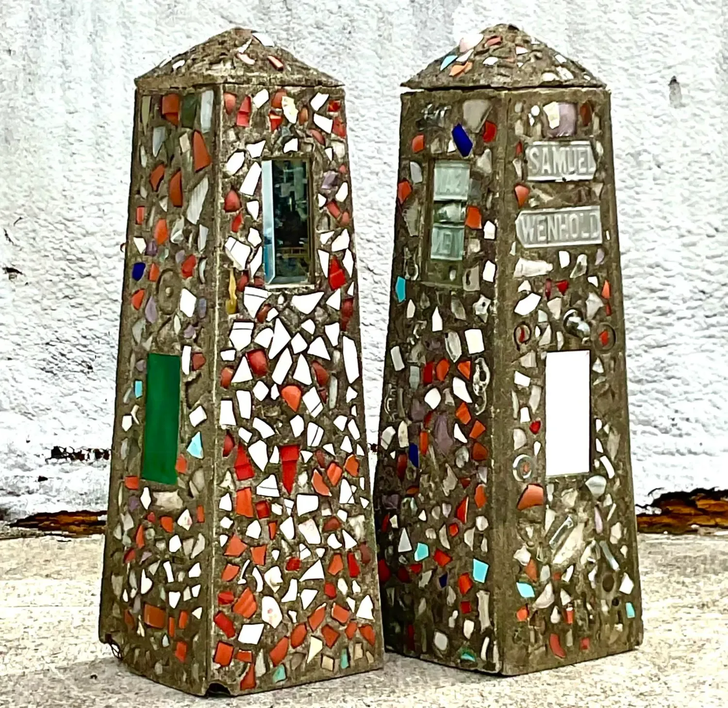 Vintage Coastal Cement Mosaic Garden Obelisks - a Pair — additional photo 5