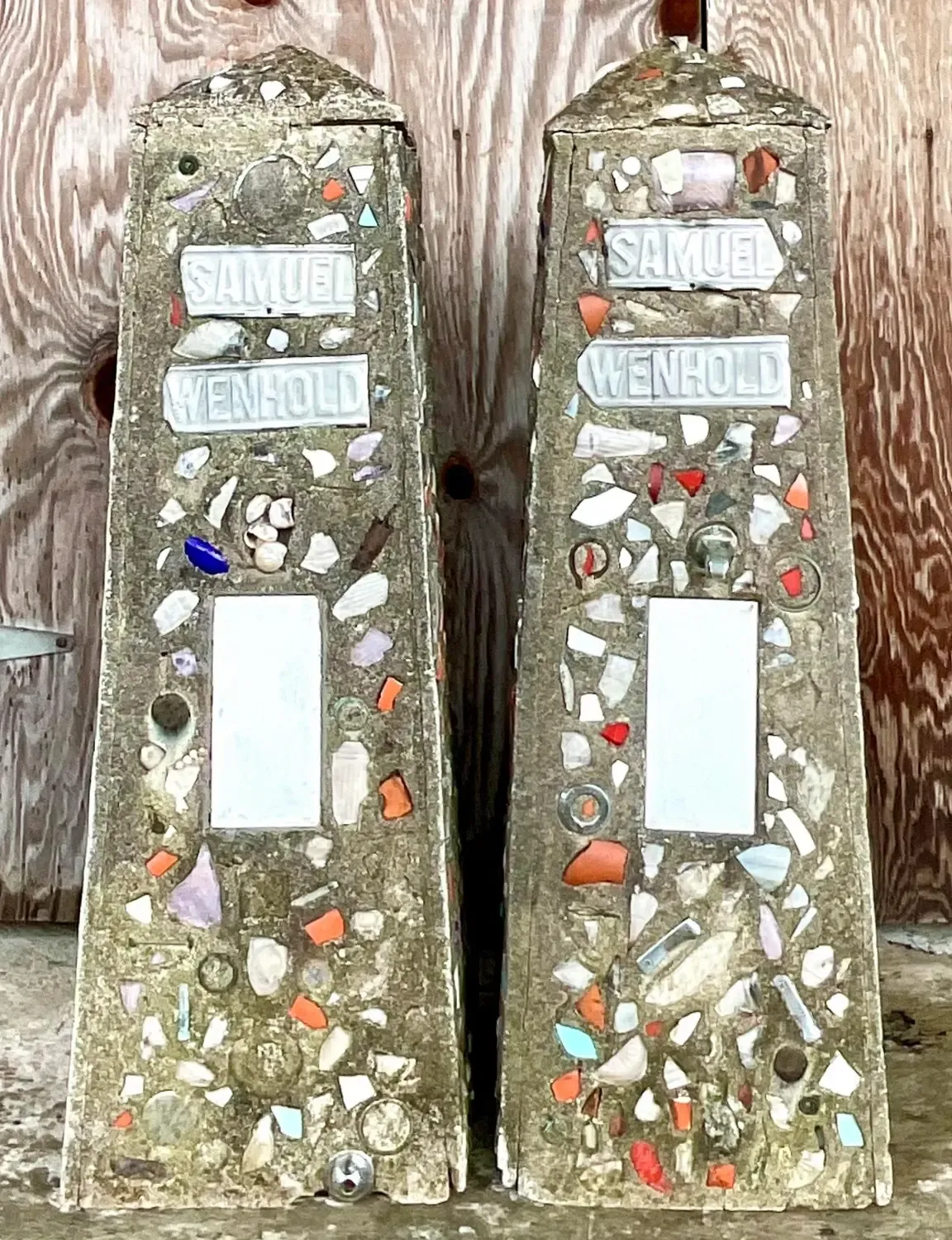 Vintage Coastal Cement Mosaic Garden Obelisks - a Pair — additional photo 6