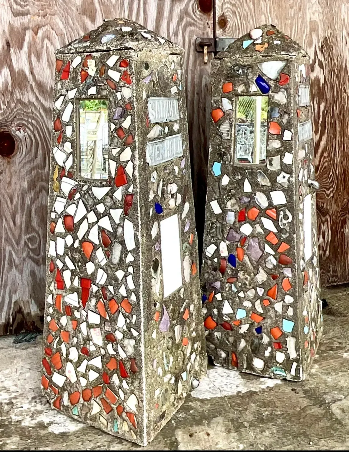 Vintage Coastal Cement Mosaic Garden Obelisks - a Pair — additional photo 7