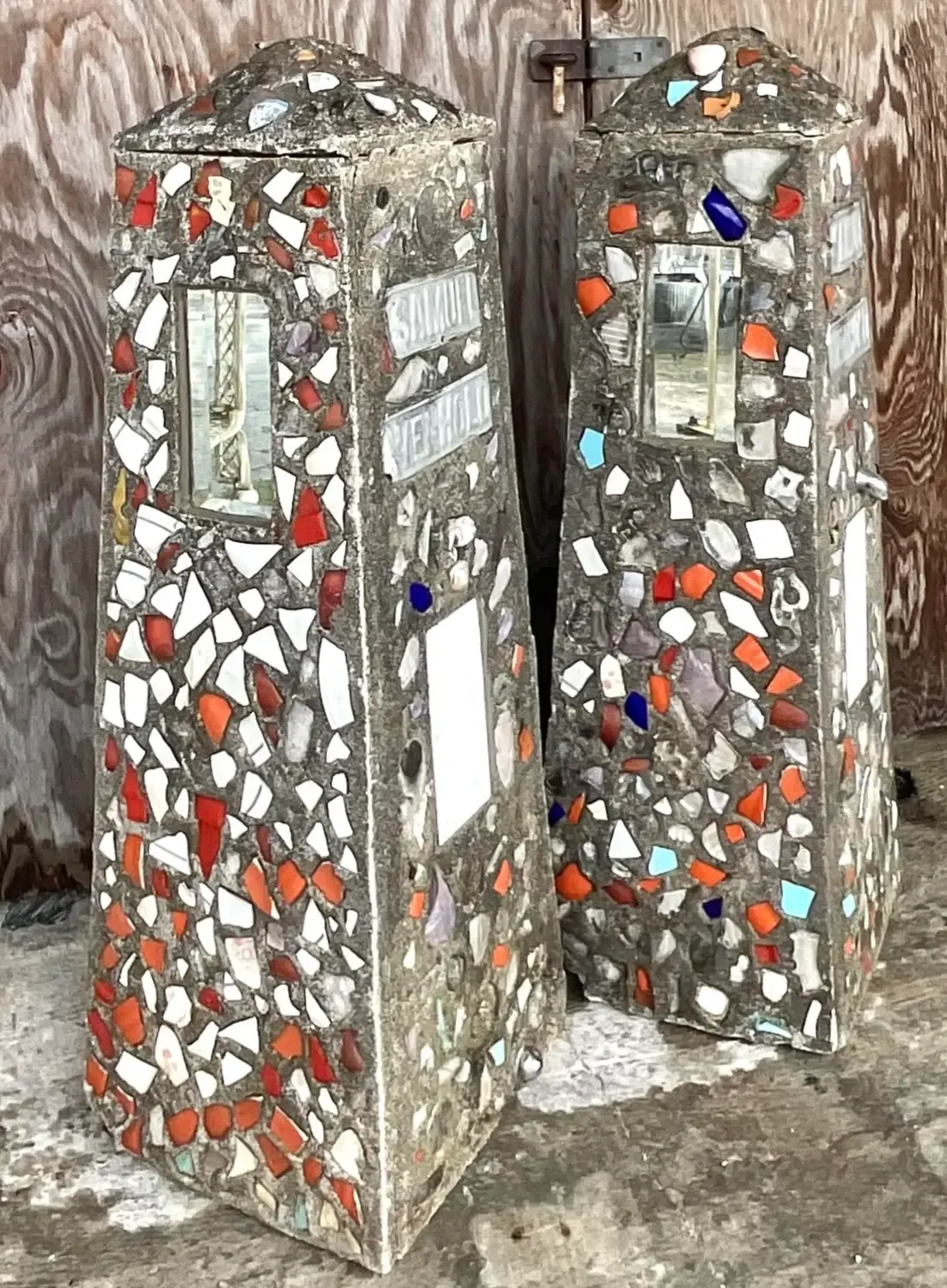 Vintage Coastal Cement Mosaic Garden Obelisks - a Pair — additional photo 8