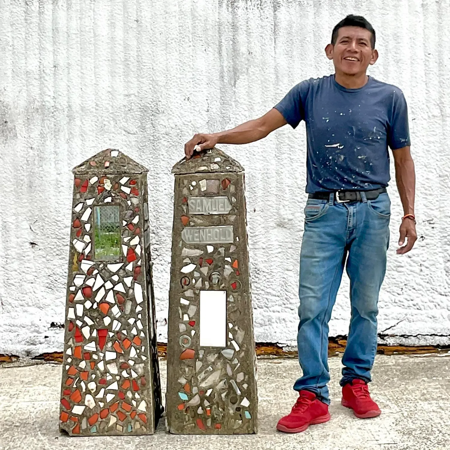 Vintage Coastal Cement Mosaic Garden Obelisks - a Pair — additional photo 1