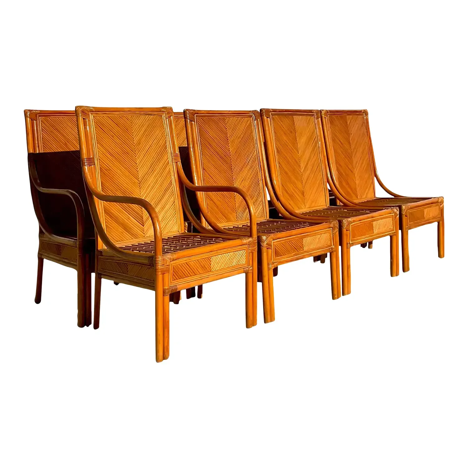 Vintage Coastal Chevron Pencil Reed Dining Chairs - Set of 8