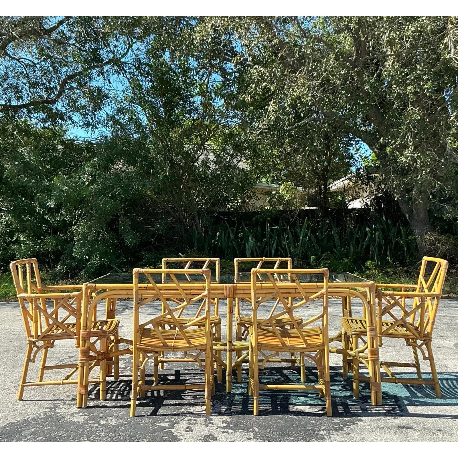 Vintage Coastal Chinese Chippendale Rattan Dining Set of 7