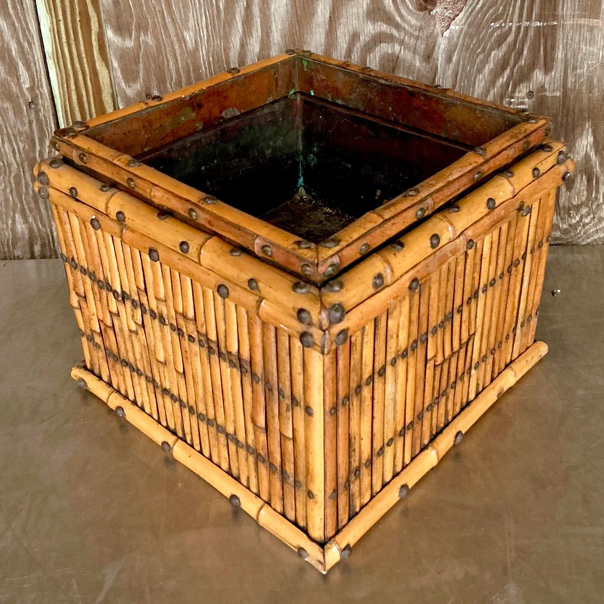 Vintage Coastal Copper Lined Bamboo Planter