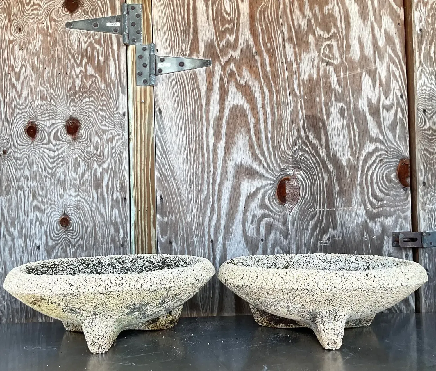Vintage Coastal Crushed Stone Low Planters - a Pair — additional photo 1