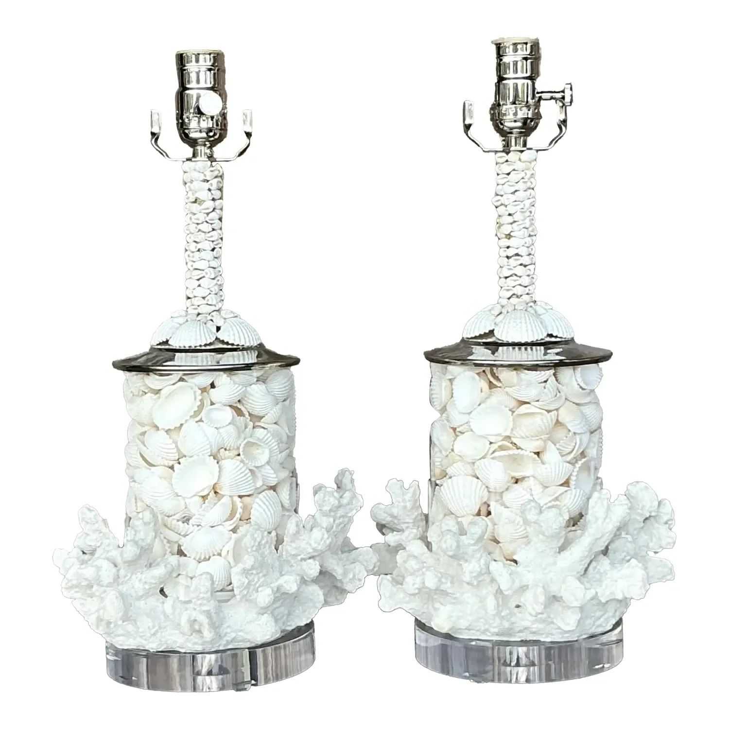 Vintage Coastal Faux Coral and Shell Lamps - a Pair