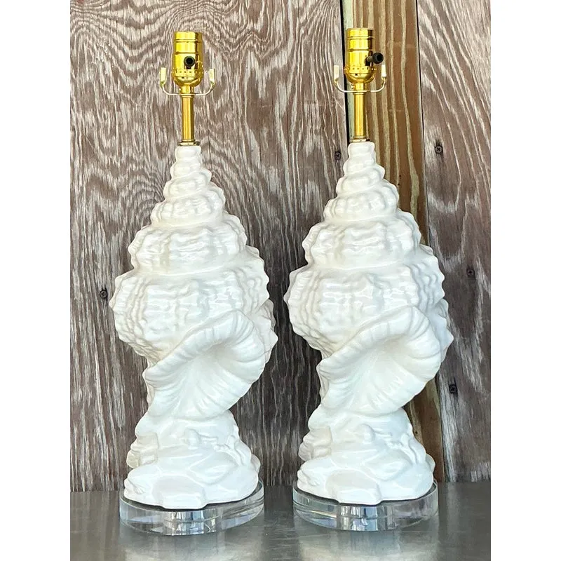 Vintage Coastal Glazed Ceramic Conch Lamps - a Pair — additional photo 4