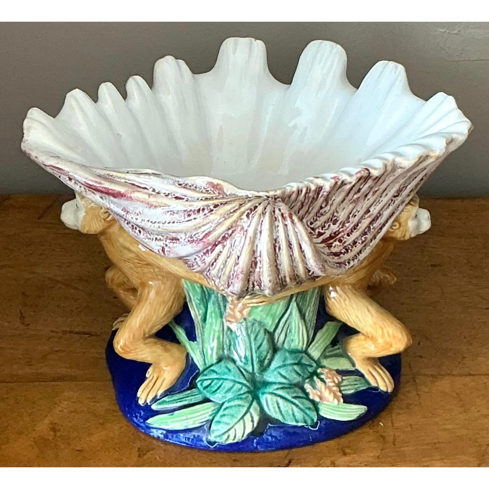 Vintage Coastal Glazed Ceramic Monkey Centerpiece Bowl — additional photo 1