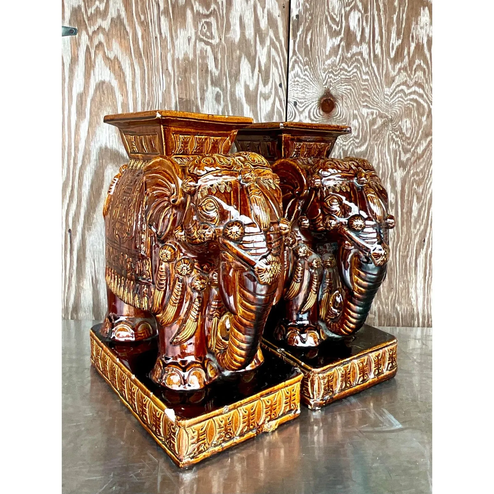 Vintage Coastal Glazed Ceramic “Root Beer” Elephant Garden Seats - a Pair — additional photo 1