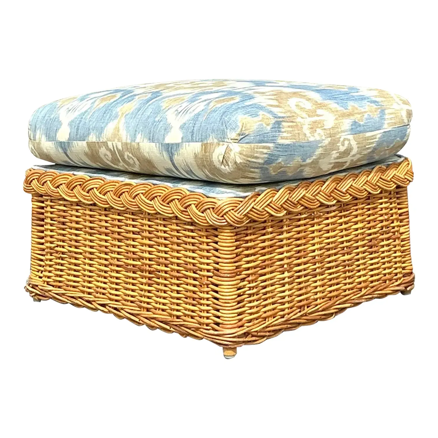 Vintage Coastal Ikat Braided Rattan Ottoman