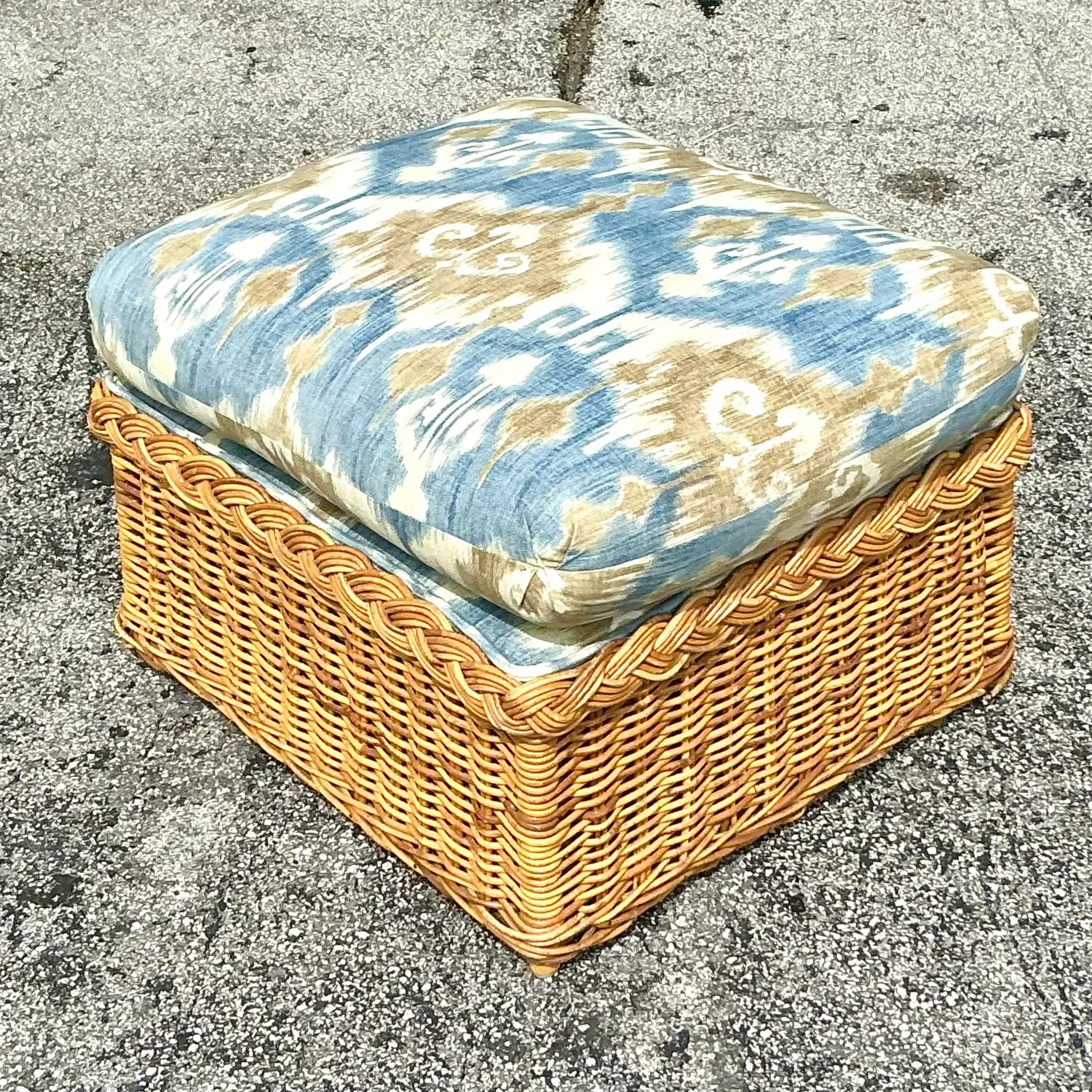 Vintage Coastal Ikat Braided Rattan Ottoman — additional photo 2