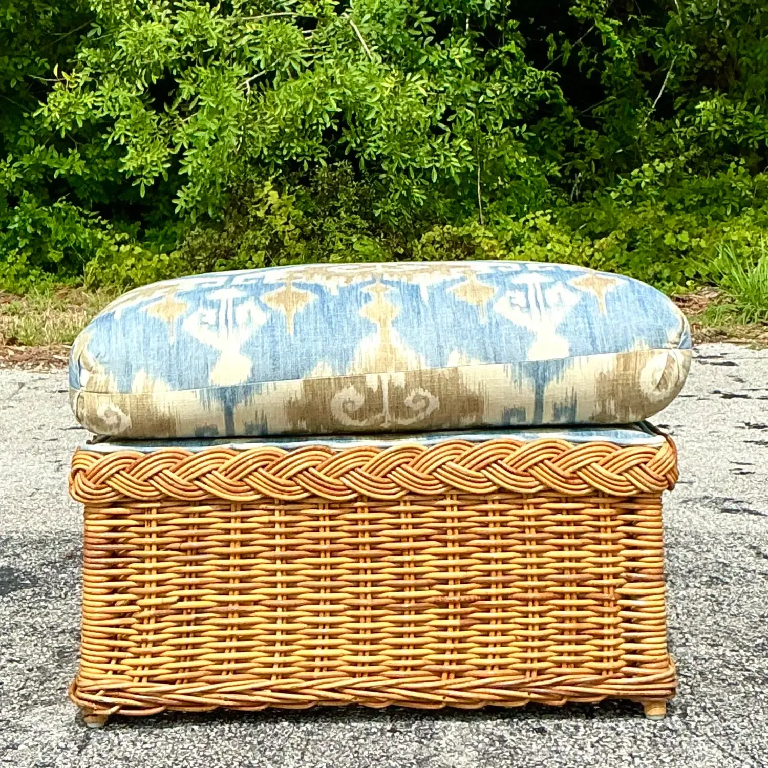 Vintage Coastal Ikat Braided Rattan Ottoman — additional photo 3