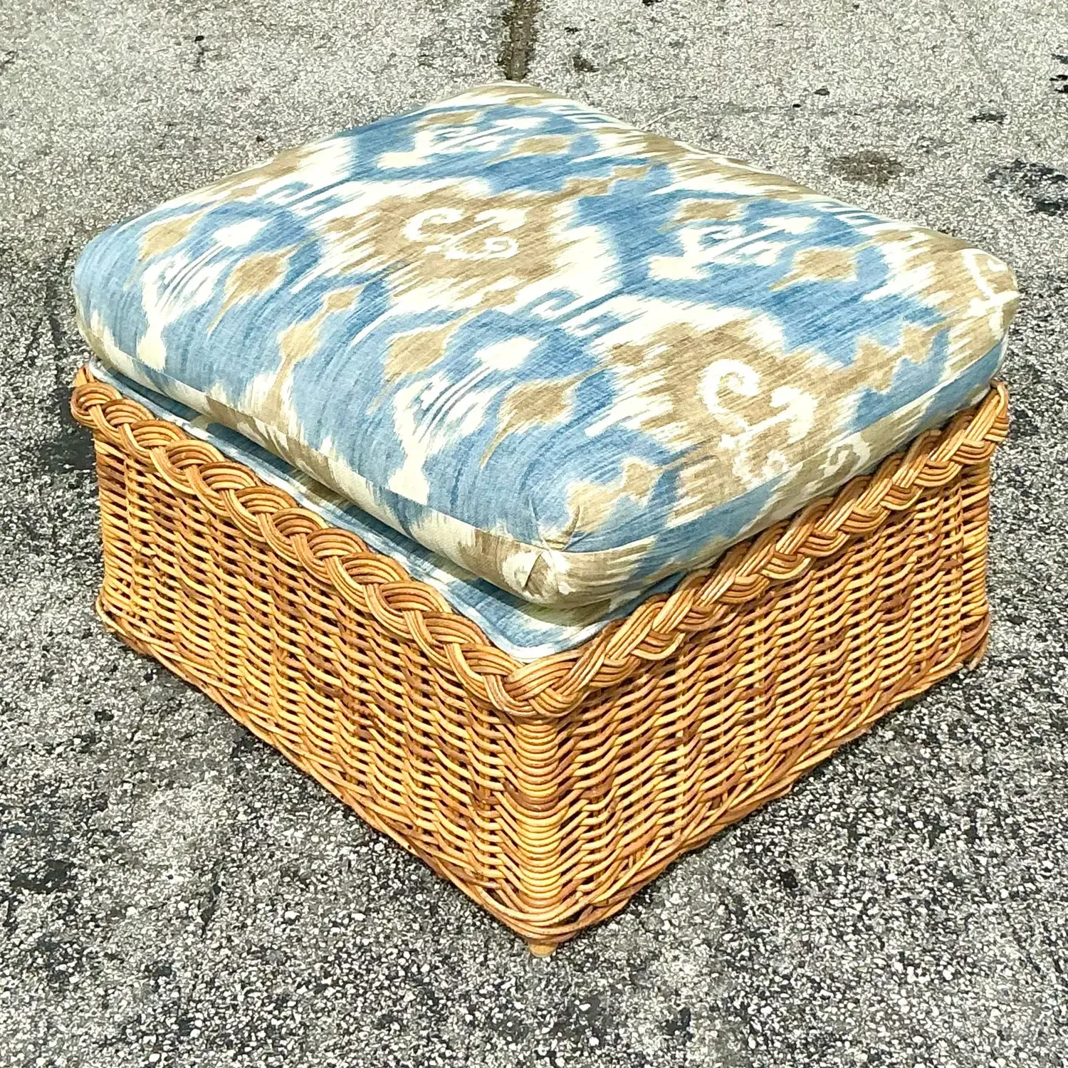 Vintage Coastal Ikat Braided Rattan Ottoman — additional photo 4