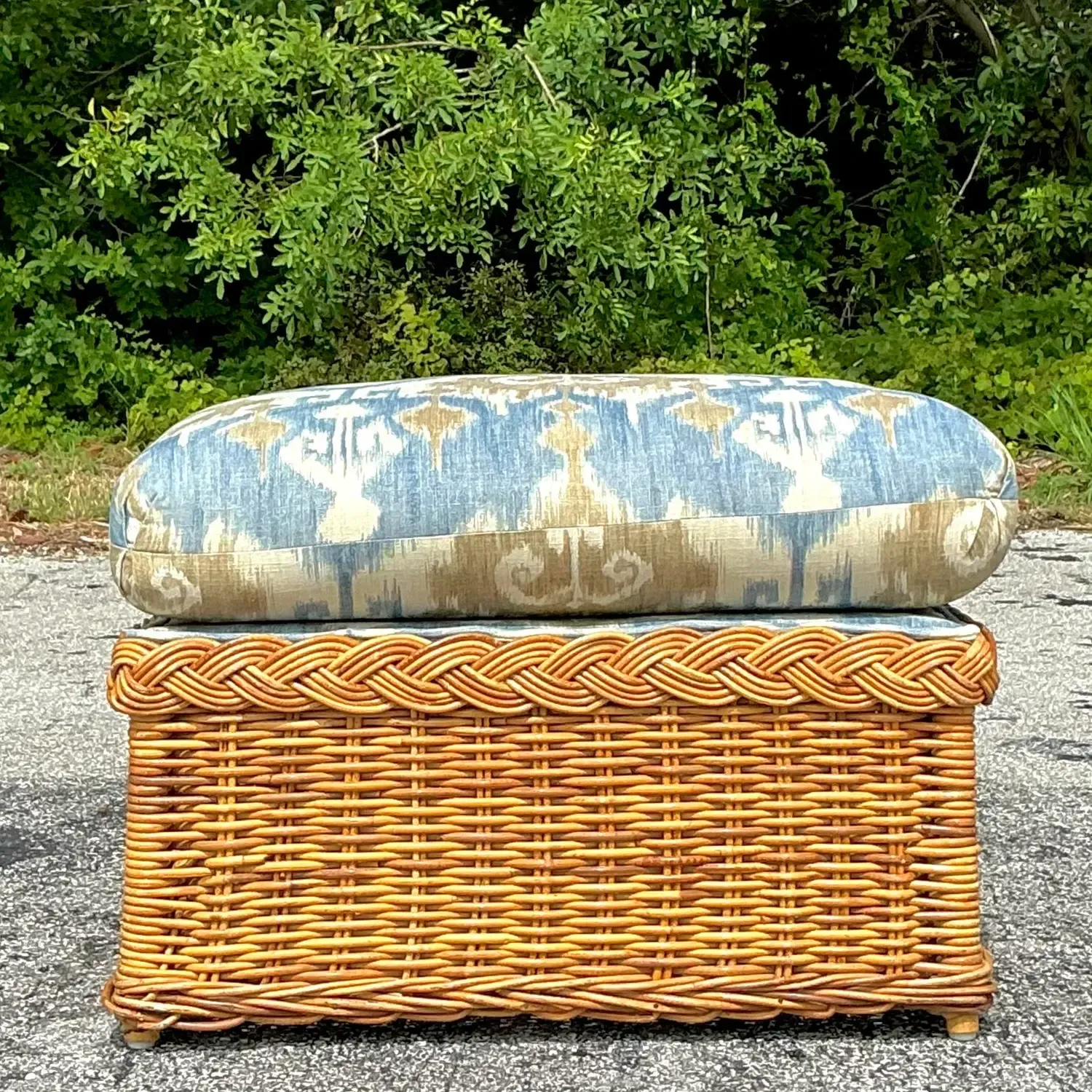 Vintage Coastal Ikat Braided Rattan Ottoman — additional photo 5