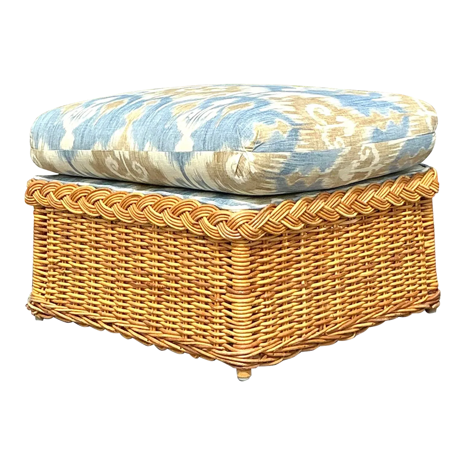 Vintage Coastal Ikat Braided Rattan Ottoman — additional photo 6
