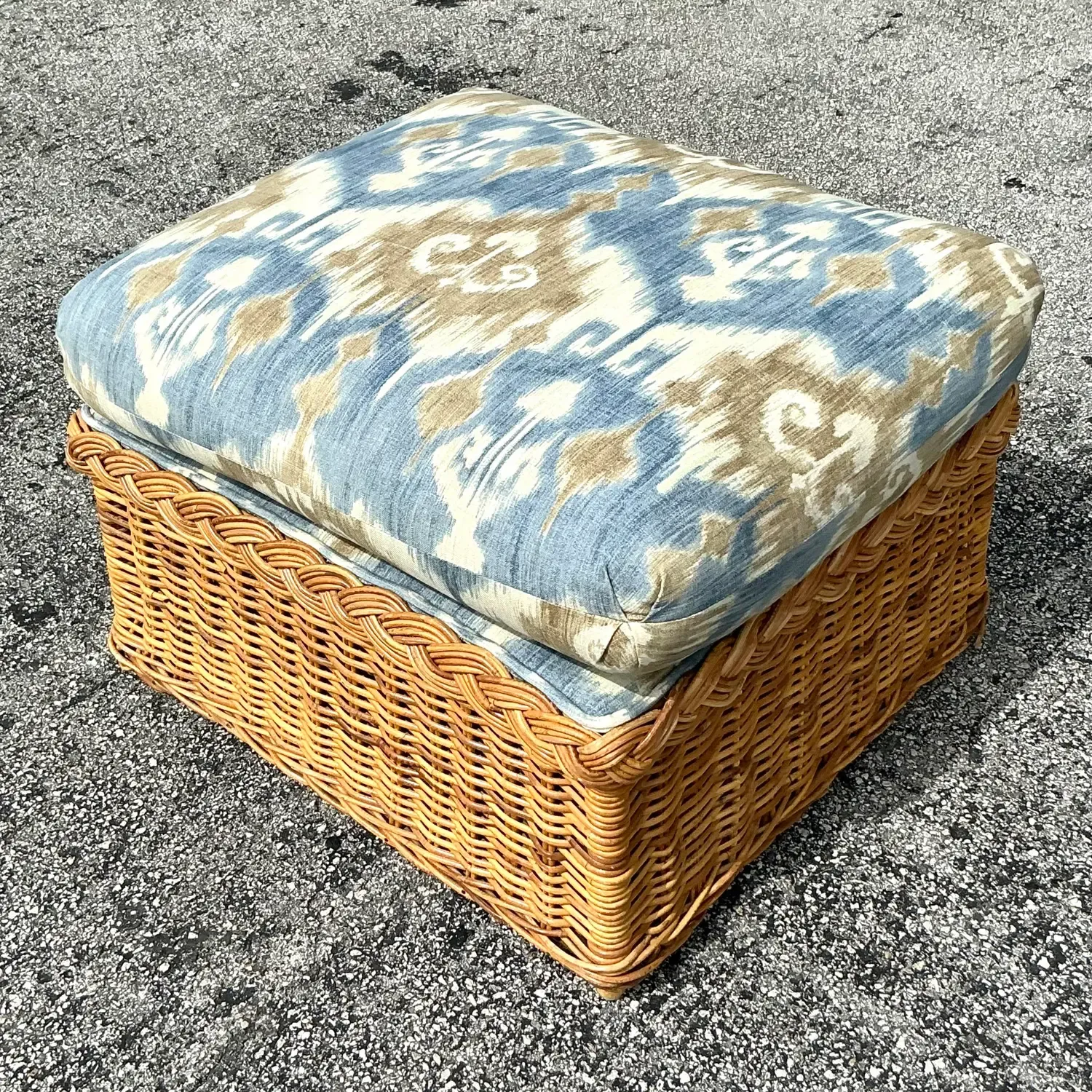 Vintage Coastal Ikat Braided Rattan Ottoman — additional photo 7