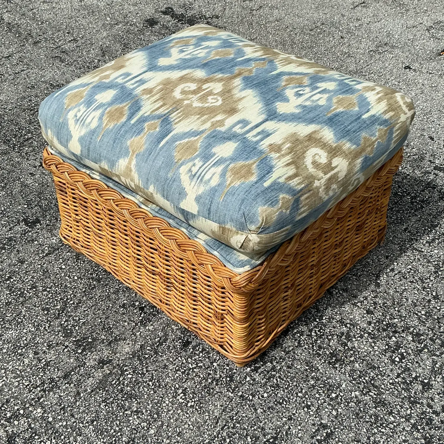 Vintage Coastal Ikat Braided Rattan Ottoman — additional photo 8