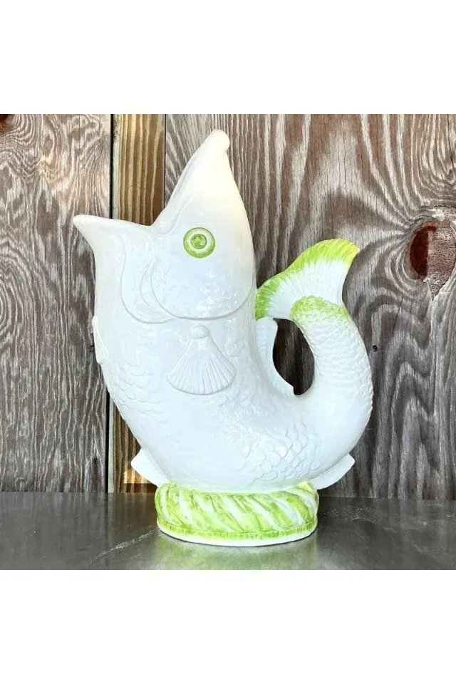 Vintage Coastal Italian Glazed Ceramic Fish Floor Vase — additional photo 2