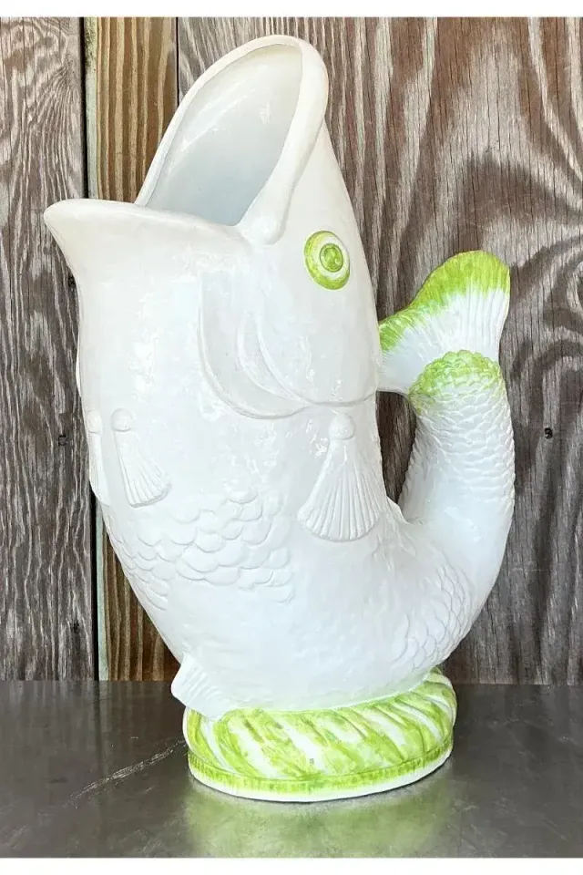 Vintage Coastal Italian Glazed Ceramic Fish Floor Vase — additional photo 7