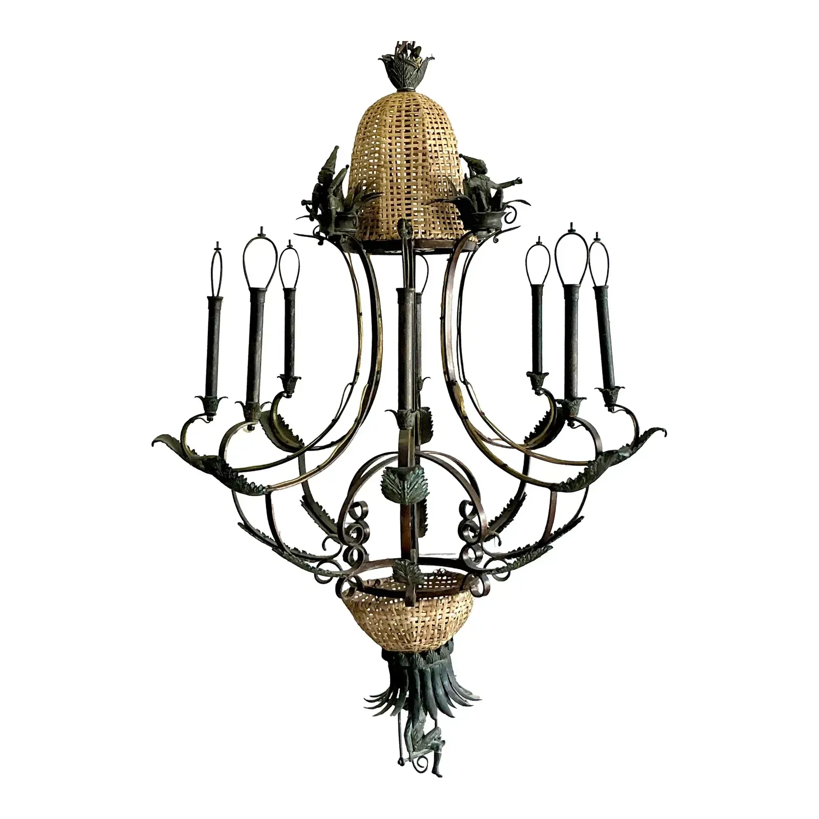 Vintage Coastal Maitland Smith Patinated Monkey Chandelier