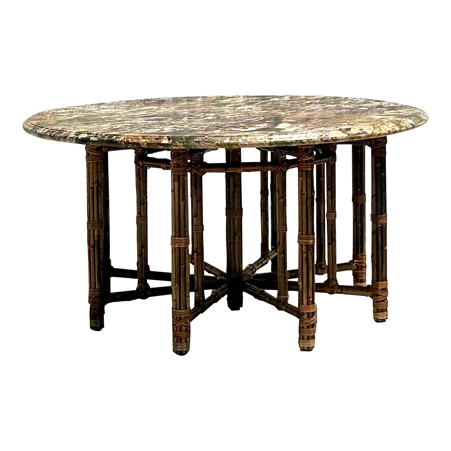 Vintage Coastal McGuire Bamboo Center Hall Table With Stone Top