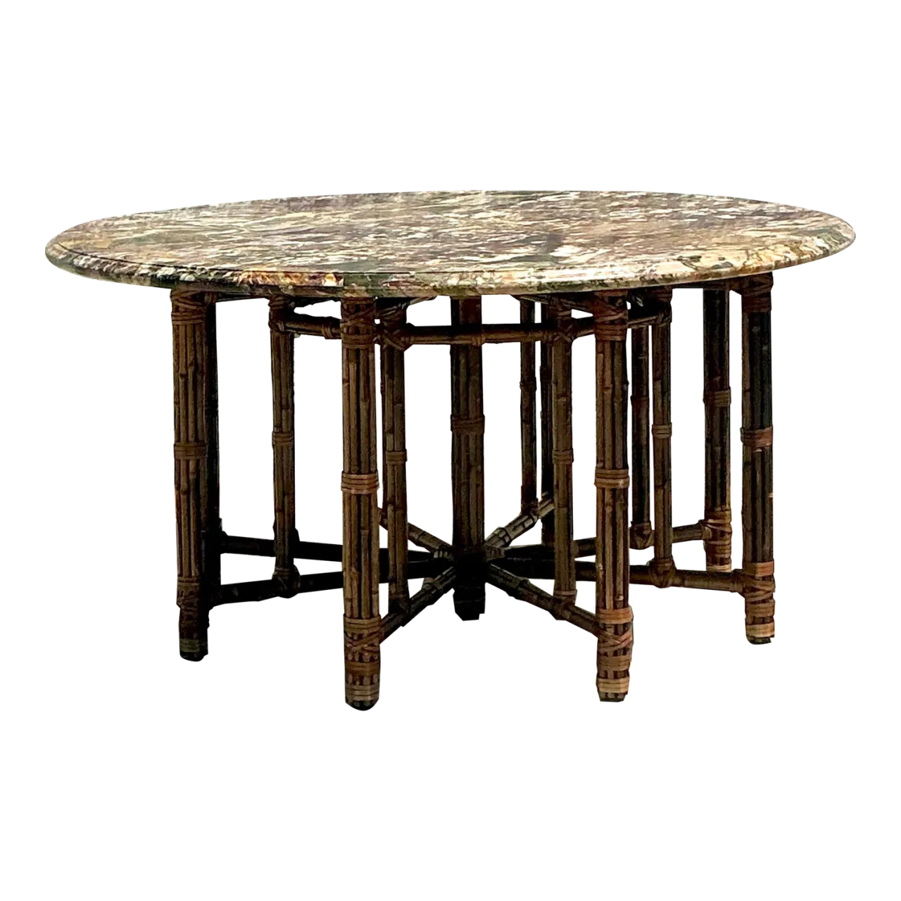 Vintage Coastal McGuire Bamboo Center Hall Table With Stone Top
