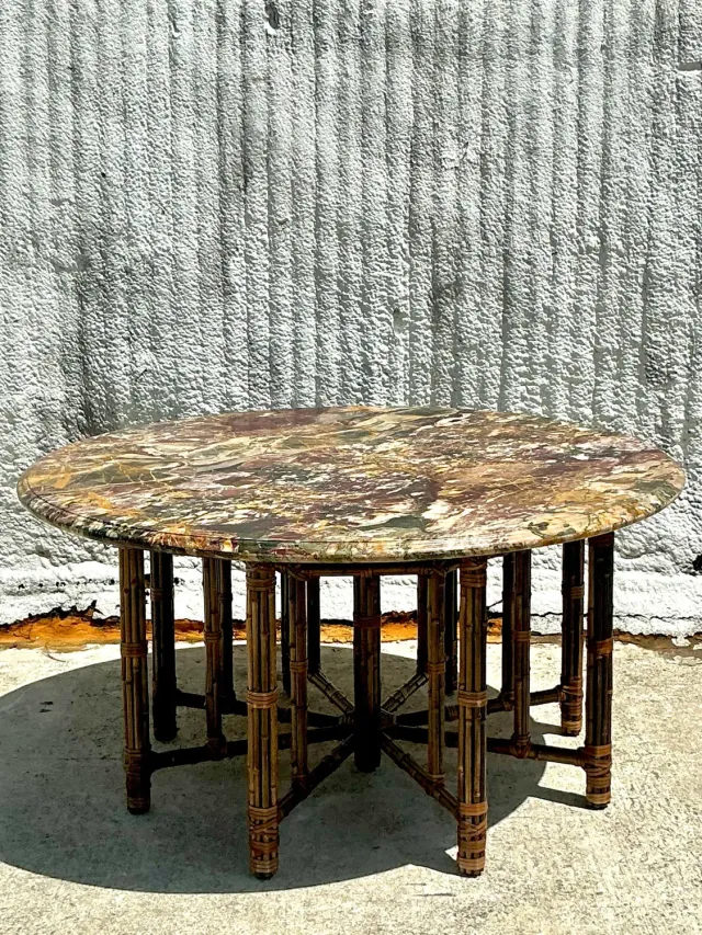 Vintage Coastal McGuire Bamboo Center Hall Table With Stone Top — additional photo 2