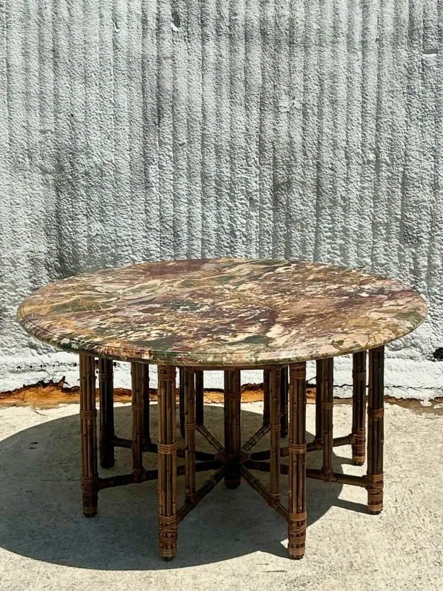 Vintage Coastal McGuire Bamboo Center Hall Table With Stone Top — additional photo 4