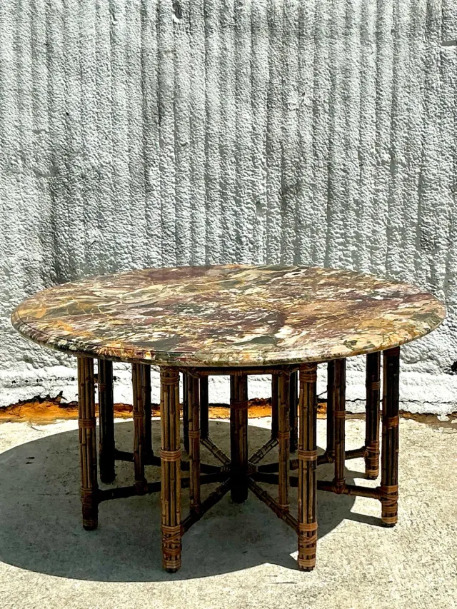 Vintage Coastal McGuire Bamboo Center Hall Table With Stone Top — additional photo 7