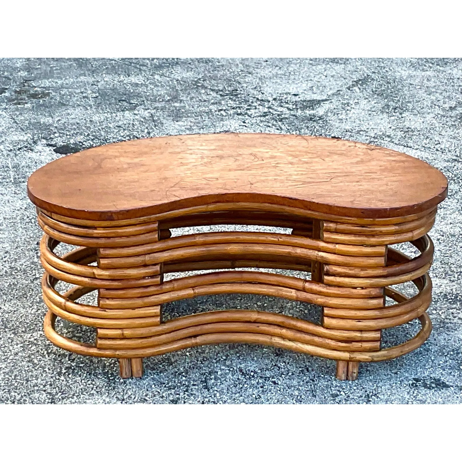 Vintage Coastal MCM Kidney Bean Rattan Coffee Table After Frankl — additional photo 3