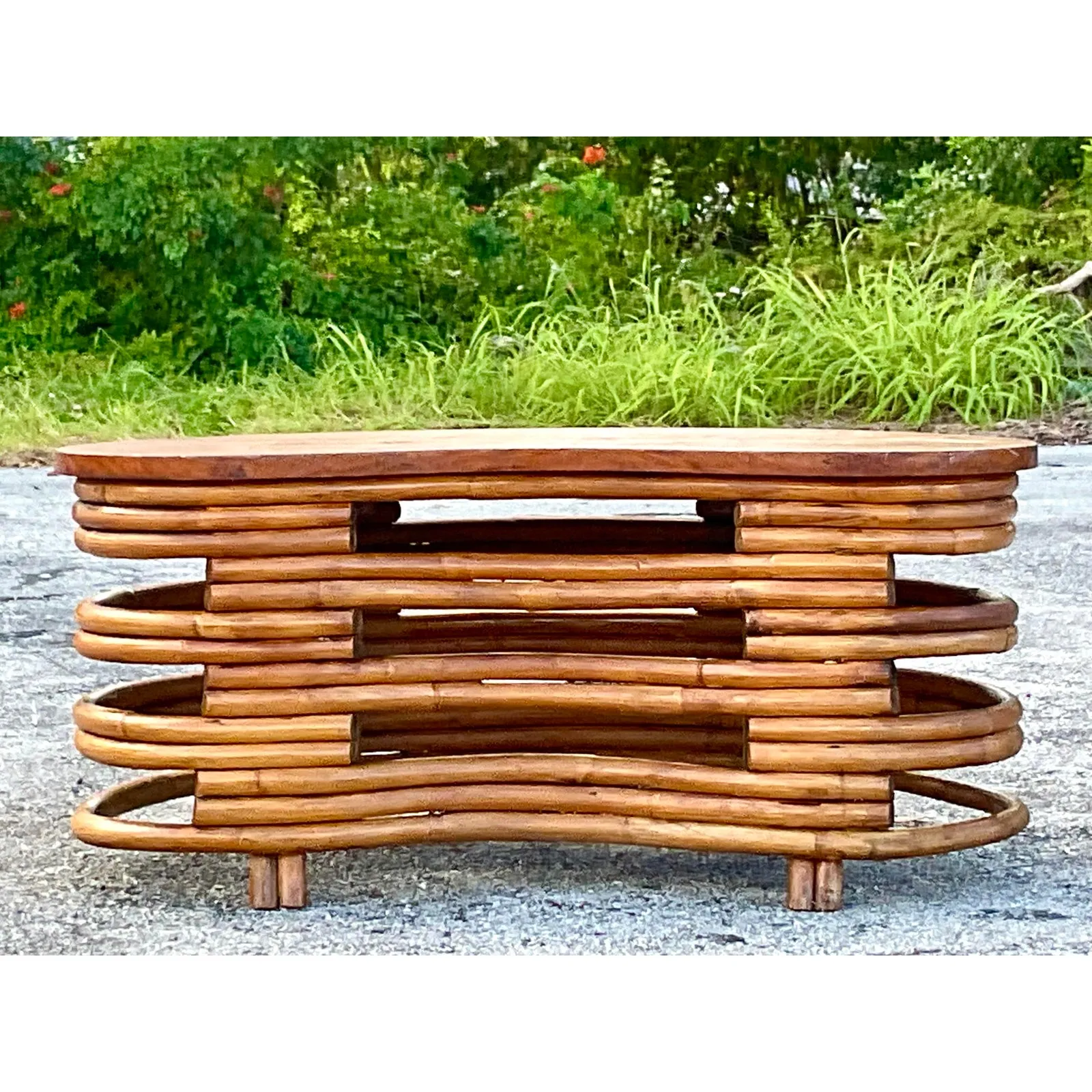 Vintage Coastal MCM Kidney Bean Rattan Coffee Table After Frankl — additional photo 4