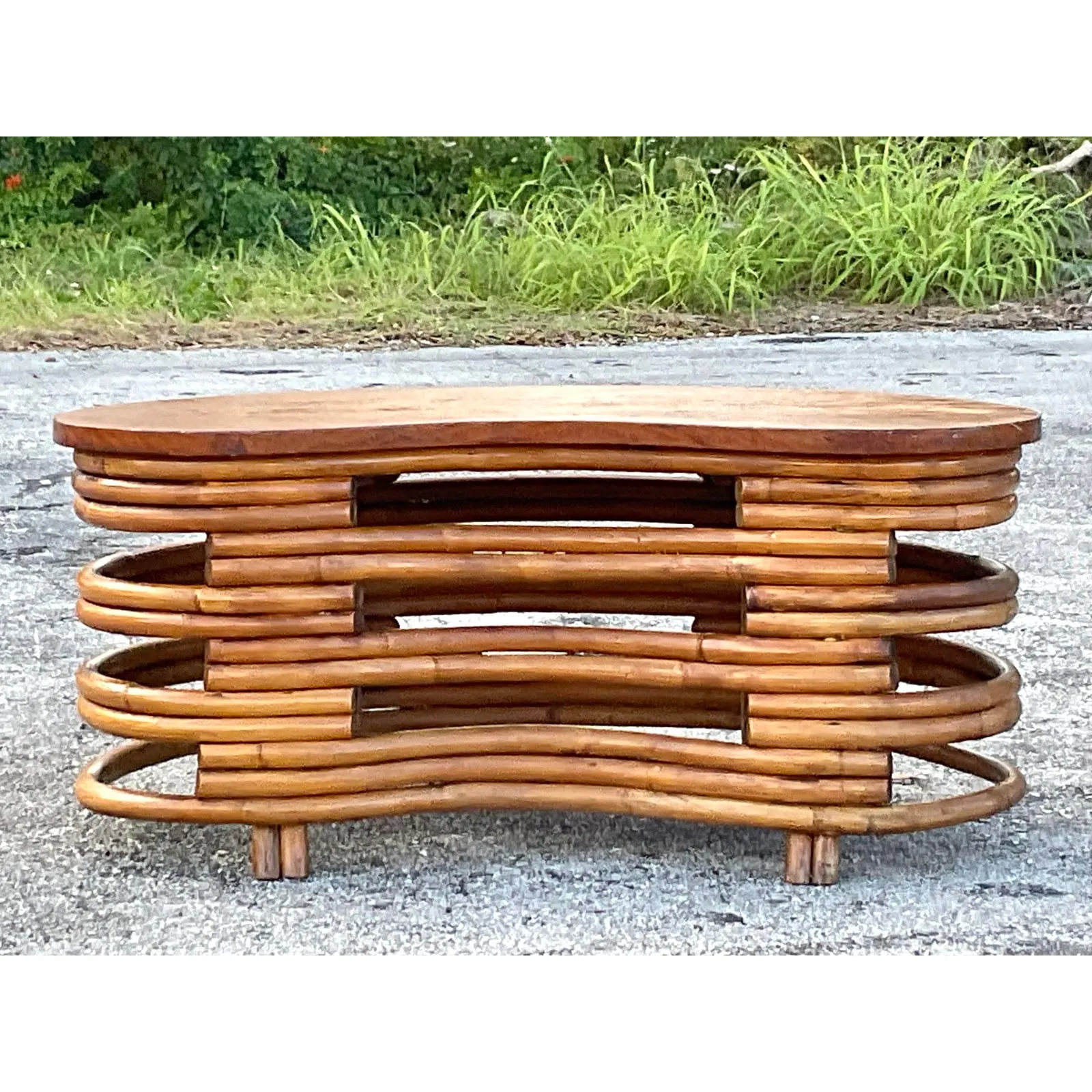 Vintage Coastal MCM Kidney Bean Rattan Coffee Table After Frankl — additional photo 5