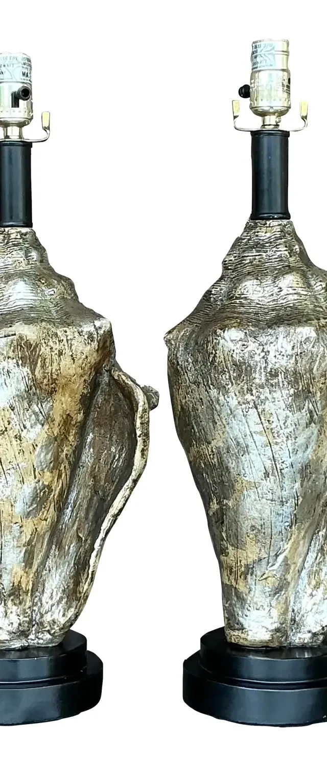 Vintage Coastal Metallic Conch Shell Lamps - a Pair
