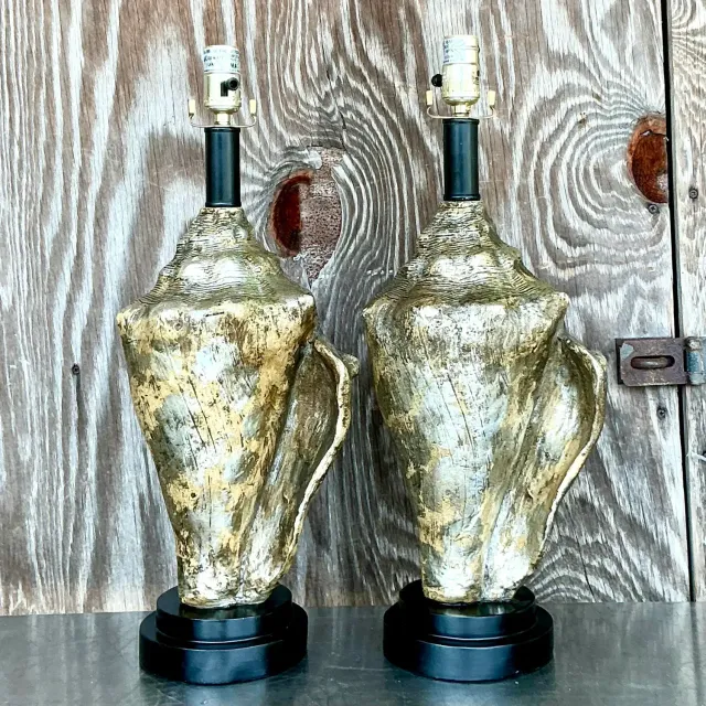 Vintage Coastal Metallic Conch Shell Lamps - a Pair — additional photo 5