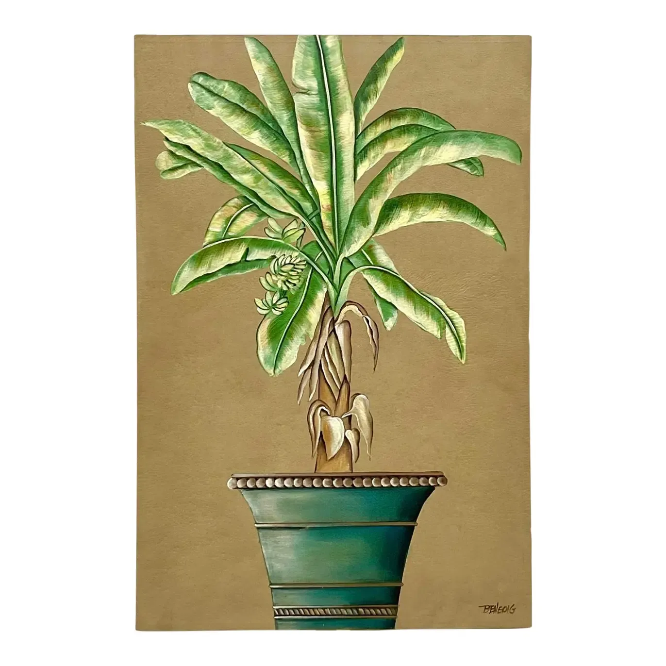 Vintage Coastal Monumental Banana Leaf Original Oil Painting on Canvas