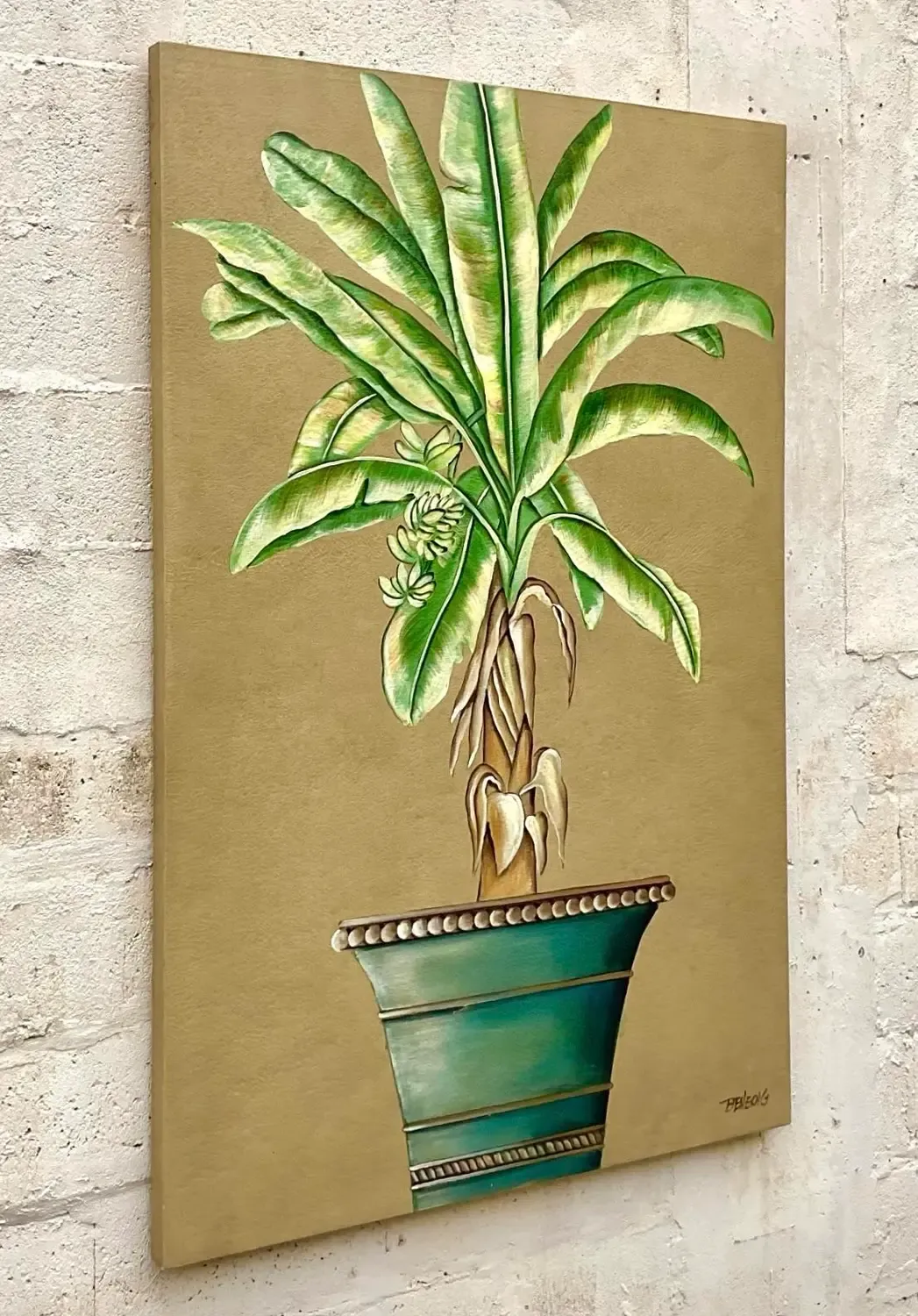 Vintage Coastal Monumental Banana Leaf Original Oil Painting on Canvas — additional photo 3